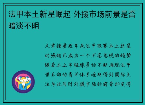 法甲本土新星崛起 外援市场前景是否暗淡不明